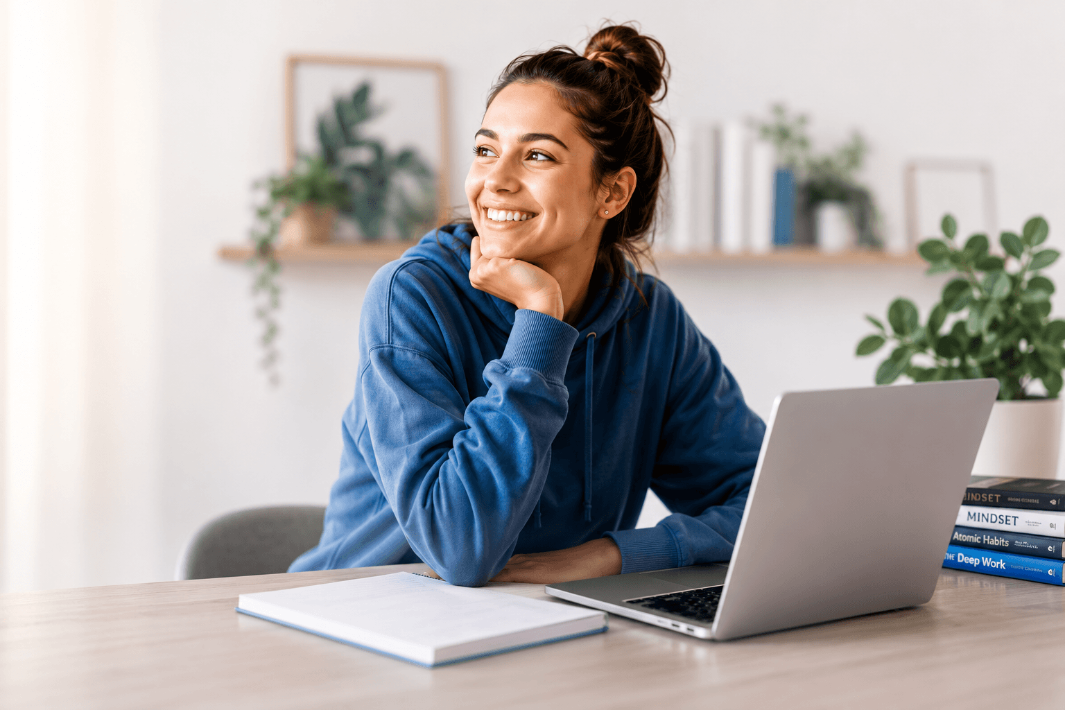 Smiling young adult discovering career direction at a desk